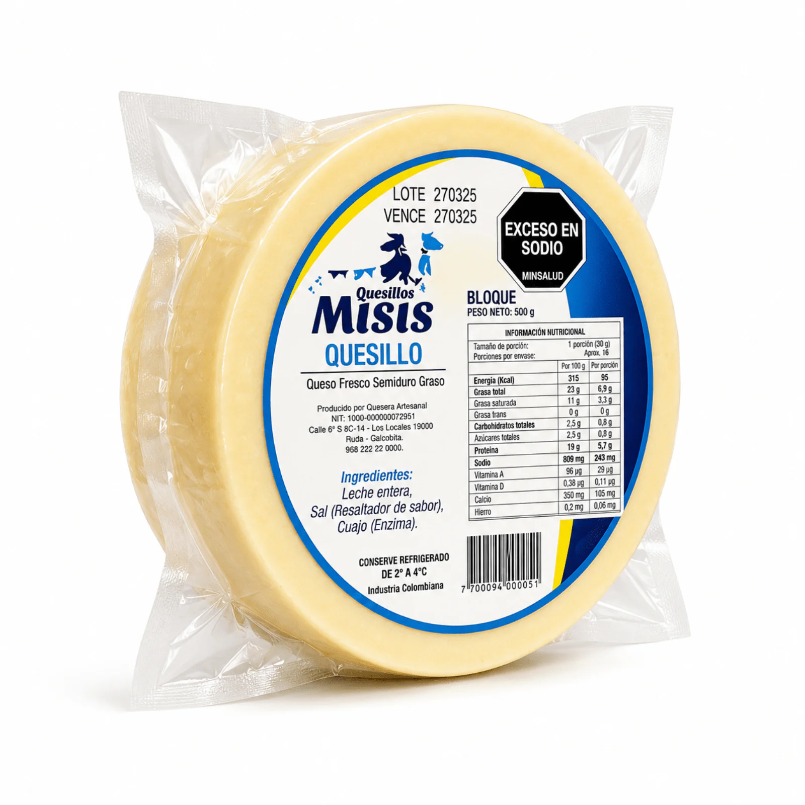 Quesillo refrigerado empacado al vacio 500 g.
